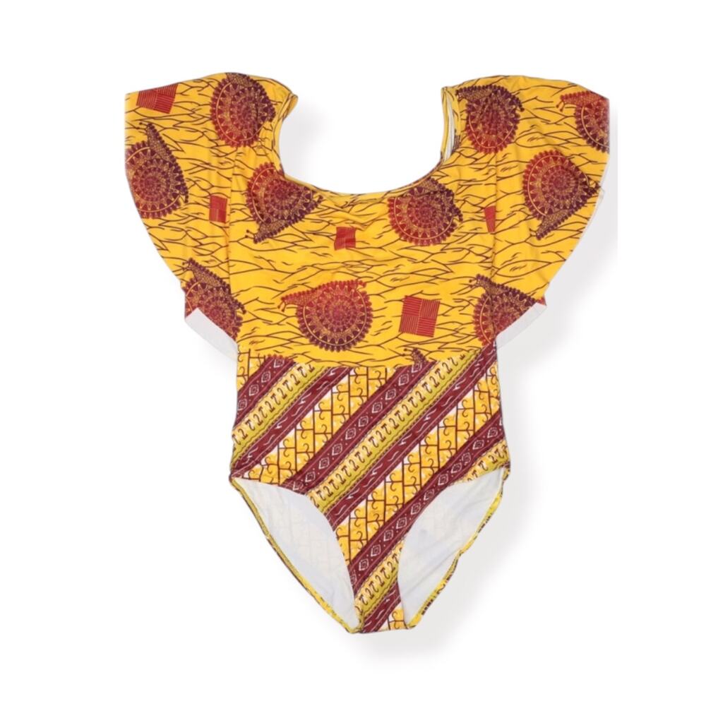 African Snail‎ Print Flutter Sleeve One Piece Swimsuit Yellow Red Boho Beach